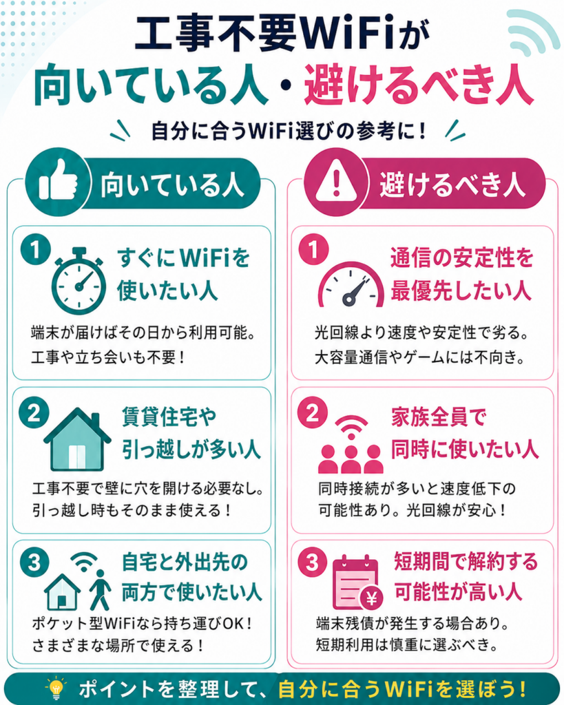 工事不要WiFiポケット型WiFi向いている人避けるべき人図解